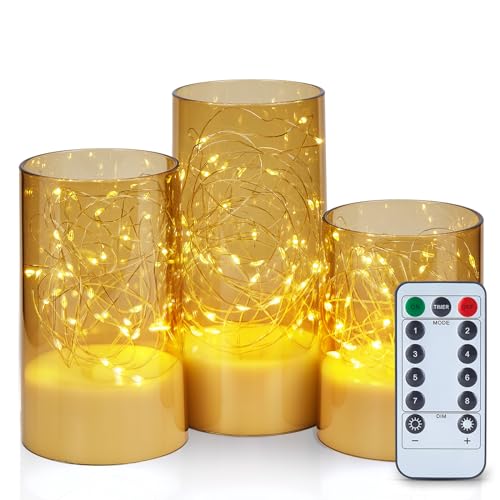 IMAGE Flackernde flammenlose Kerzen mit String Lights 3PCS Acryl Shell Pillar LED-Kerzen mit 13-Tasten-Fernbedienung Timer, batteriebetrieben für Haus, Hochzeit, Dekoration (D3 in X H4/5/6 in), Gold von IMAGE