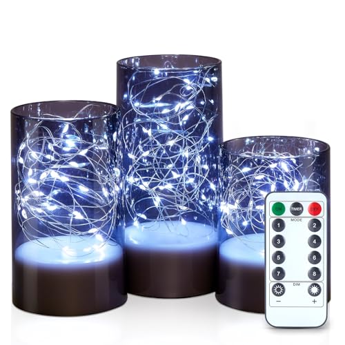 IMAGE Flackernde flammenlose Kerzen mit String Lights 3PCS Acryl Shell Pillar LED-Kerzen mit 13-Tasten-Fernbedienung Timer, batteriebetrieben für Haus, Hochzeit, Dekoration (D3 in X H4/5/6 in), Grau von IMAGE