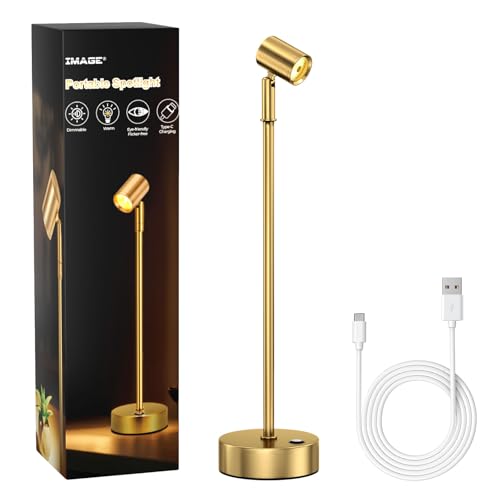 IMAGE Goldenes USB Type-C wiederaufladbares kabelloses Spotlight, Leistungsstarkes und einstellbares Vitrinenleuchte für Pflanzen Bilder Kunstwerk Schmuck Vitrine, Stehleuchte für Displaybeleuchtung von IMAGE