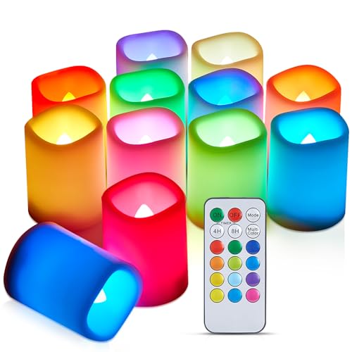 IMAGE RGB & weißes Licht LED-Kerzen 12 PCS batteriebetrieben Flammenlose Votivkerzen 270 Stunden lang flackernde Teelichter mit Fernbedienung Timer für Weihnachten Halloween Dekoration 1,5 x 2 Zoll von IMAGE