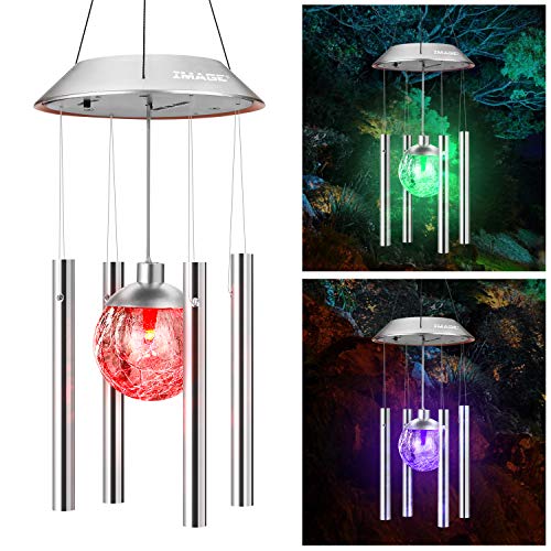 IMAGE Solar Windspiel im Freien Hängende Lichter Crackle Glas Ball Windspiel Farbewechselnde Lichter mit Metallrohr hängenden Garten Lichter für Patio Hof Home Decor Geschenke für Mama Frauen von IMAGE