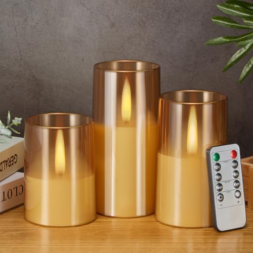 IMAGE flammenlose LED Kerzen mit springenden warmen gelben Flammen, Upgraded flackernde led kerzen Set batteriebetrieben mit Fernbedienung Timer, 3 Größe Acryl-Kerzen (D 3„ x H 4“ 5„ 6“) (Gold) von IMAGE
