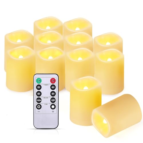 IMAGE Flammenlose Votivkerzen, 12 Pcs 38 x 55 mm flackernde 3D Dochte batteriebetriebene Kerzen, lang anhaltende LED Teelichter mit Fernbedienung Timer für Weihnachten Hochzeit Home Decor, Warm Gelb von IMAGE