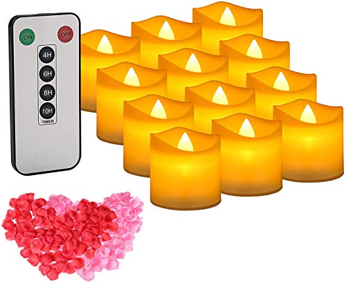 IMAGE LED Teelichter 12 Stück rote Kerzen mit Timer 6 Stunden an 18 Stunden aus flackernde elektrische Teelichter mit 100 Rosenblättern Valentinstagdeko, warmgelb (Gelb) von IMAGE