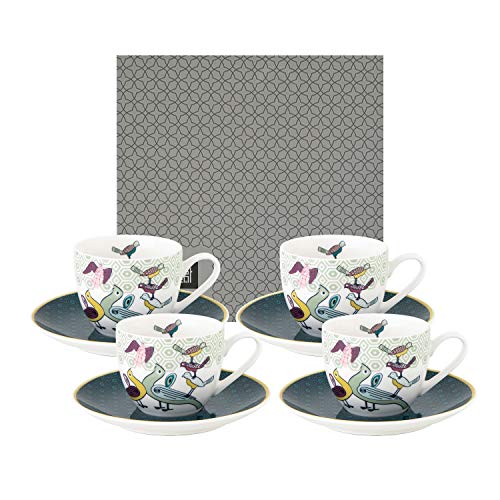 IMAGES D'ORIENT Birds of Paradise Espresso-Set bunt, 8-TLG, 4X Espresso-Tassen mit Untertassen, 90 ml, Porzellan, orientalisches Design mit geometrischen Mustern, inkl. Geschenk-Box von IMAGES D'ORIENT