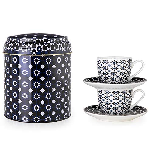 IMAGES D'ORIENT Kaokab Espresso-Set schwarz-weiß-blau, 2 Espresso-Tassen mit Untersetzer, 90 ml, Porzellan, orientalisches Design mit geometrischen Mustern, inkl. Geschenk-Box aus Blech von IMAGES D'ORIENT