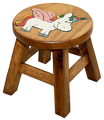 IMAGO Kinderhocker Holz Schemel Kinderstuhl Massivholz bemalt und geschnitzt Höhe 25 cm (Einhorn, Brown) von IMAGO