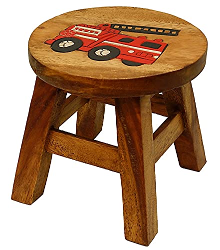 IMAGO Kinderhocker Holz Schemel Kinderstuhl Massivholz bemalt und geschnitzt Höhe 25 cm (Feuerwehr, Brown) von IMAGO