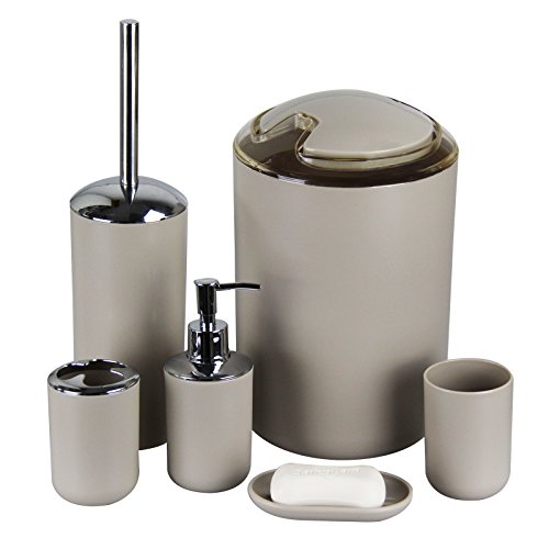 IMAVO Badezimmer-Zubehör-Set, 6-teilig, Kunststoff-Geschenk-Set, Zahnbürstenhalter, Zahnbürstenbecher, Seifenspender, Seifenschale, WC-Bürstenhalter, Mülleimer, Strohhalm-Set, Badezimmer (Aprikose) von IMAVO