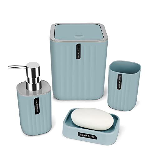 IMAVO Badezimmer-Zubehör-Set – 4-teiliges blaues Badezimmer-Zubehör-Set mit Mülleimer, Seifenschale, Zahnbürstenbecher, Badezimmer-Dekor-Sets Zubehör komplett mit Desktop-kleinem Mülleimer von IMAVO