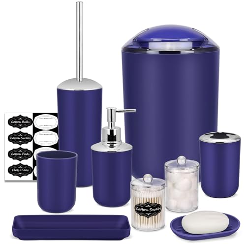 IMAVO Badezimmer-Zubehör-Set – 8-teiliges blaues Badezimmer-Zubehör-Set mit Mülleimer, Seifenspender, Seifenschale, Zahnbürstenhalter, Zahnputzbecher, WC-Bürstenhalter, Qtip Halter Spender mit von IMAVO