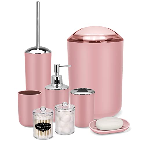 IMAVO Badezimmer-Zubehör-Set – 8-teiliges rosa Badezimmer-Zubehör-Set mit Mülleimer, Seifenspender, Seifenschale, Zahnbürstenhalter, WC-Bürstenhalter, Qtip-Halterspender mit Etiketten von IMAVO