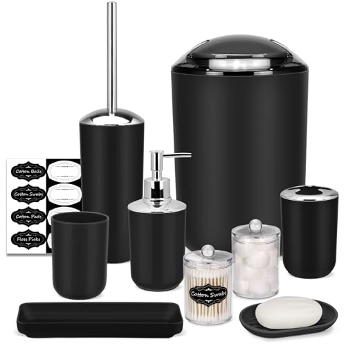 IMAVO Badezimmer-Zubehör-Set – 8-teiliges schwarzes Badezimmer-Zubehör-Set mit Mülleimer, Seifenspender, Seifenschale, Zahnbürstenhalter, WC-Bürstenhalter, Qtip-Halterspender mit Etiketten von IMAVO