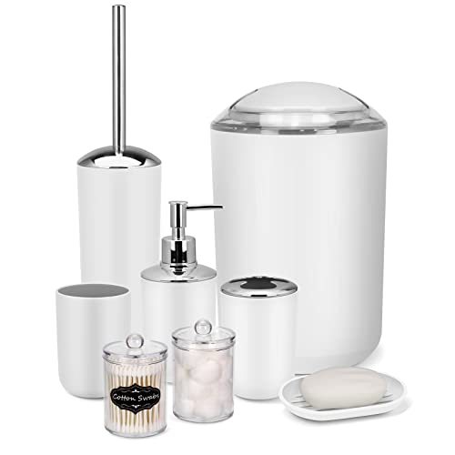 IMAVO Badezimmer-Zubehör-Set – 8-teiliges weißes Badezimmer-Zubehör-Set mit Mülleimer, Seifenspender, Seifenschale, Zahnbürstenhalter, WC-Bürstenhalter, Qtip-Halterspender mit Etiketten von IMAVO