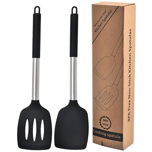 IMEEA Pfannenwender Set aus Silikon mit Schlitzen starker Edelstahlkern antihaftbeschichtet Spatula hitzebeständig Spachtel für die Küche 2 Stück(schwarz) von IMEEA