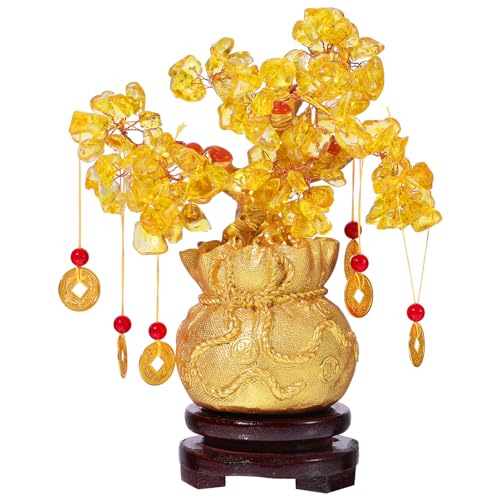 IMIKEYA Geld Baum Feng Shui Bonsai: Kristall Geldbaum Gold Feng Shui Deko -Glücksbaum 19cm Geld Baum with Glücksmünzen und Base für Reichtum Glück Hause Büro von IMIKEYA