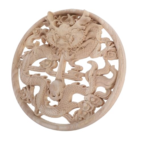 IMIKEYA Handgefertigtes Holzornament Rund mit Filigraner Drachenrelief Schnitzerei Robuste Unlackierte Holzapplikation zur Vielseitigen Wanddekoration für Büro und Zuhause von IMIKEYA