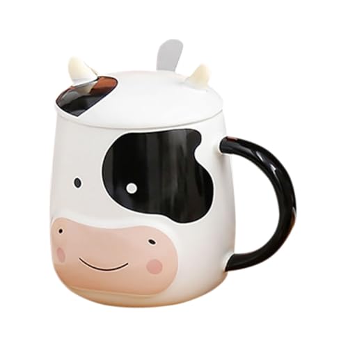 IMIKEYA Keramikbecher mit Kuhmotiv Trinkbecher mit Löffel und Deckel Multifunktional für Kaffee Tee Wasser Büro Zuhause Geschenk von IMIKEYA