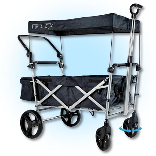 IMLEX IM-9002 Bollerwagen faltbar mit Dach Anthrazit - Große Räder gefederte Vorderräder - Handwagen klappbar mit Schiebegriff ideal für 2 Kinder von IMLEX