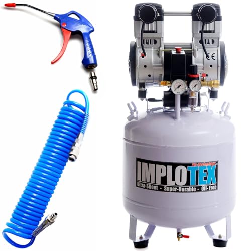 IMPLOTEX 1500W Silent Flüsterkompressor Druckluftkompressor 60dB leise ölfrei Kompressor inkl. Ausblaspistole und Druckluftschlauch von IMPLOTEX