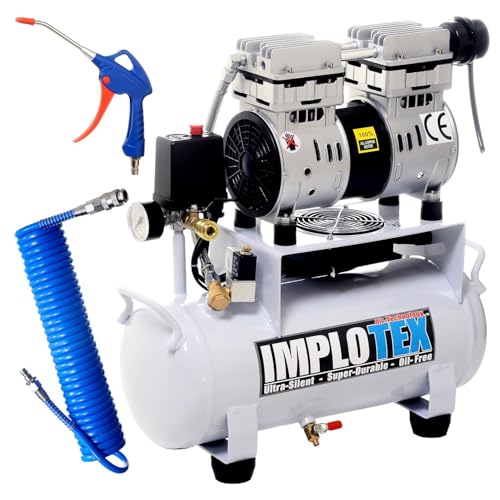 IMPLOTEX 850W 14L Silent Flüsterkompressor Druckluftkompressor nur 55dB leise ölfrei flüster Kompressor Compressor inkl. Ausblaspistole und Druckluftschlauch von IMPLOTEX