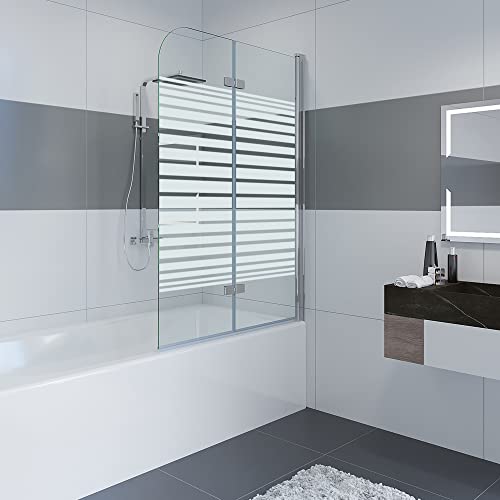 IMPTS 100x140 cm Duschabtrennung/Duschwand für Badewanne aus Glas, Links, Dekor Querstreifen, Alpinweiß, Badewannenaufsatz inkl. Nanobeschichtung von IMPTS