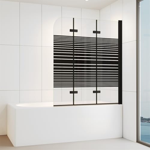 IMPTS 120x140 CM Duschwand für Badewanne 3 teilig Schwarz Duschabtrennung Badewannenaufsatz Teilsatiniert Faltwand 180° Faltbar 6mm ESG-Sicherheitsglas mit NANO-Beschichtung | RECHTS von IMPTS