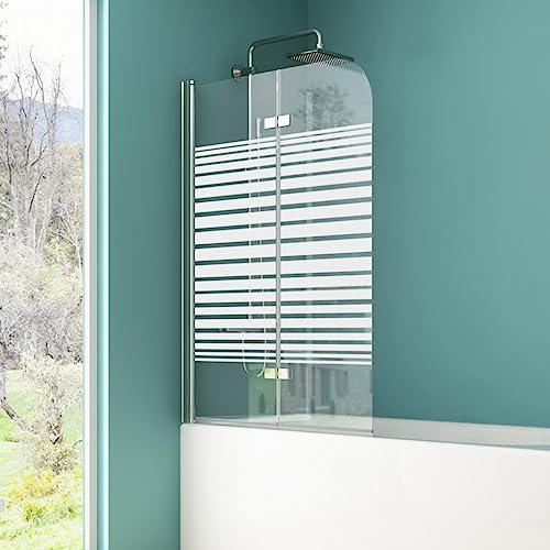 IMPTS Duschabtrennung mit Milchglas Streifen 120x140cm, Duschwand Faltwand für Badewanne 2 TLG, Badewannenaufsatz mit 6mm teilsatiniert Nano ESG Glas 180°Schwingen von IMPTS