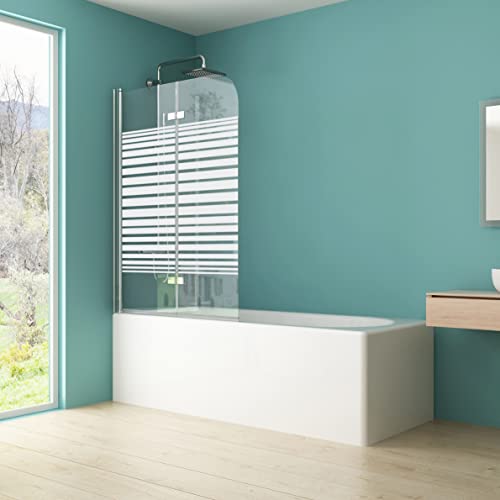 IMPTS Duschabtrennung mit Milchglas Streifen 120x140cm, Duschwand Faltwand für Badewanne 2 TLG, Badewannenaufsatz mit 6mm teilsatiniert Nano ESG Glas 180°Schwingen von IMPTS