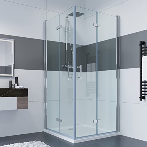 IMPTS Duschkabine 100x100 cm Duschabtrennung Falttür Eckeinstieg Nano Glas Komplettset Dusche MIT Duschwanne & Ablaufgarnitur, 195cm von IMPTS