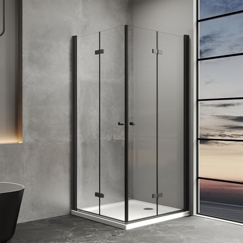 IMPTS Duschkabine 75x90 cm Falttür Eckeinstieg Schwarz Doppel Falttüren Duschtüren 180º Eckig Faltbar Dusche Duschwand Duschabtrennung 6mm Sicherheitsglas mit Duschwanne, Höhe 185cm von IMPTS