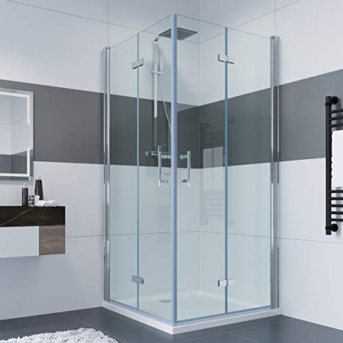 IMPTS Duschkabine 90x90 cm Eckeinstieg Falttür Duschtüren 180º Eckig Dusche Duschwand Duschabtrennung mit NANO Glas Doppel Falttüren Höhe 195cm von IMPTS