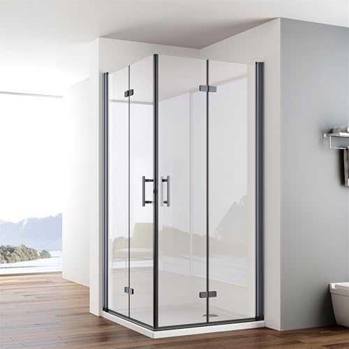 IMPTS Duschkabine Schwarz Eckeinstieg 75x100cm Falttür Doppel Drehfalttür Rahmenlos Faltdusche 180º Duschabtrennung Faltbar 6mm NANO ESG Sicherheitsglas Höhe 195cm, OHNE Duschwanne von IMPTS
