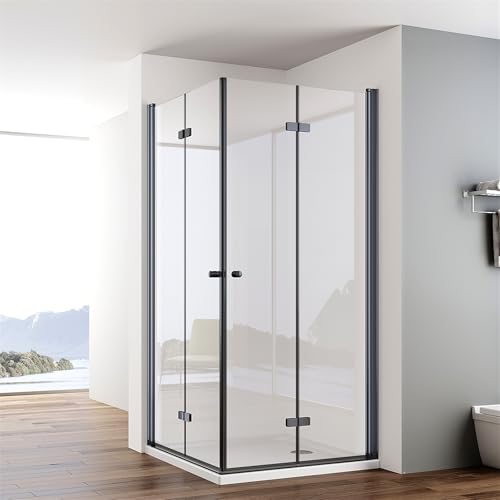 IMPTS Duschkabine Schwarz Eckeinstieg 75x80cm Falttür Doppel Drehfalttür Rahmenlos Faltdusche 180º Duschabtrennung Faltbar 6mm ESG Sicherheitsglas Höhe 185cm, OHNE Duschwanne von IMPTS