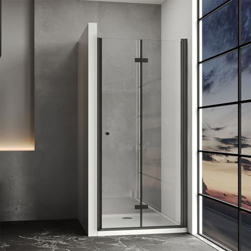 IMPTS Duschtür Falttür 120cm Schwarz Nischentür Duschabtrennung Nische Drehtür Dusche Drehfalttür Rahmenlos 180° Faltbar mit 6mm ESG-Glas, Höhe 185cm von IMPTS