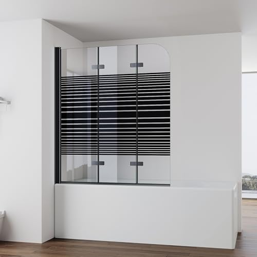 IMPTS Duschwand für Badewanne 120x140cm Schwarz, Faltwand Duschfaltwand 3 teilig mit Streifen Milchglas, Faltbar Badewannenaufsatz Duschtrennwand Badewannenwand Glas mit 6mm Nano Sicherheitsglas von IMPTS