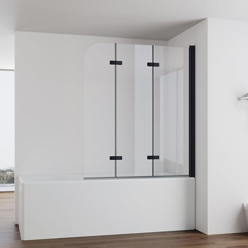 IMPTS Duschwand für Badewanne 130x140cm Schwarz, Faltwand Duschfaltwand 3 teilig Faltbar Badewannenaufsatz Duschtrennwand Badewannenwand Glas mit 6mm Nano Sicherheitsglas von IMPTS
