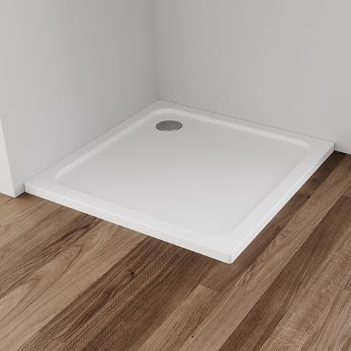 IMPTS Duschwanne 90x90x4 cm Duschtasse Komplett Set Quadrat Extra Flach Eckig Acryl Weiß Dusche Acrylwanne für Duschabtrennung Duschkabine, inkl. Ablaufgarnitur von IMPTS