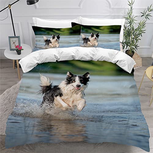 IMSTAM Bettwäsche 135x200 Border Collie Bettwäsche Sets Kinder 3D Drucken Mikrofaser 3teilig Mikrofaser Bettbezug Jungen Teenager Tiere Sommerlandschaft Kinderbettwäsche 2 Kissenbezügen 80x80 von IMSTAM