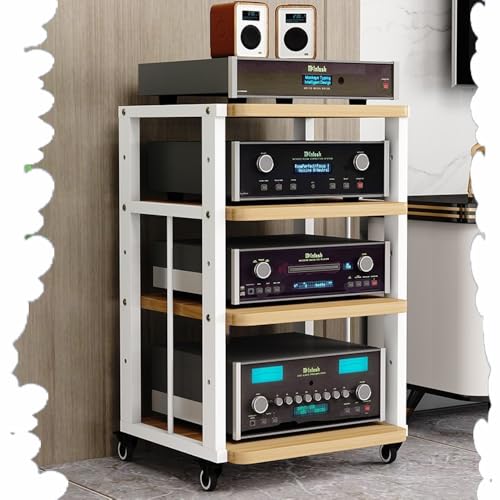 IMUNKT HiFi-Rack, AV-Medienständer Mit Rollen, 3/4/5-stufiger Audio-Video-Regal Verstärker Rack, Holz-Stereoschrank, Verstellbare Regale, CD-Player-Ständer Für Heimkino/Büro(White+Walnut,4 Tier) von IMUNKT