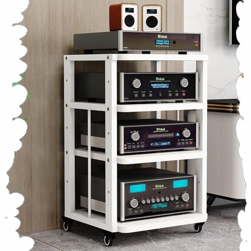 IMUNKT HiFi-Rack, AV-Medienständer Mit Rollen, 3/4/5-stufiger Audio-Video-Regal Verstärker Rack, Holz-Stereoschrank, Verstellbare Regale, CD-Player-Ständer Für Heimkino/Büro(White+White,4 Tier) von IMUNKT