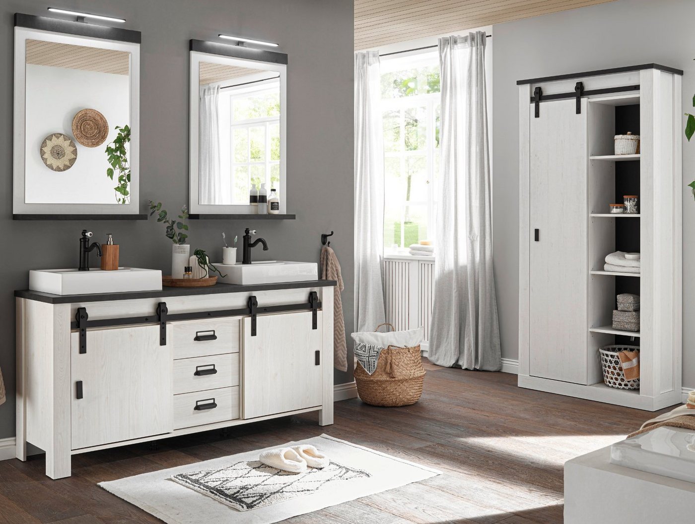 Furn.Design Badezimmer-Set Stove, (Komplett-Set, in Pinie weiß Landhaus), mit Soft-Close, inklusive Beleuchtung und Waschbecken von Furn.Design