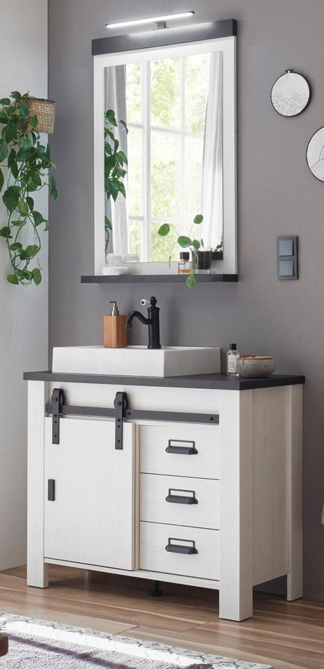 Furn.Design Badezimmer-Set Stove, (Komplett-Set 4-teilig, in Pinie weiß Landhaus), mit LED Spiegellampe, inklusive Waschbecken von Furn.Design