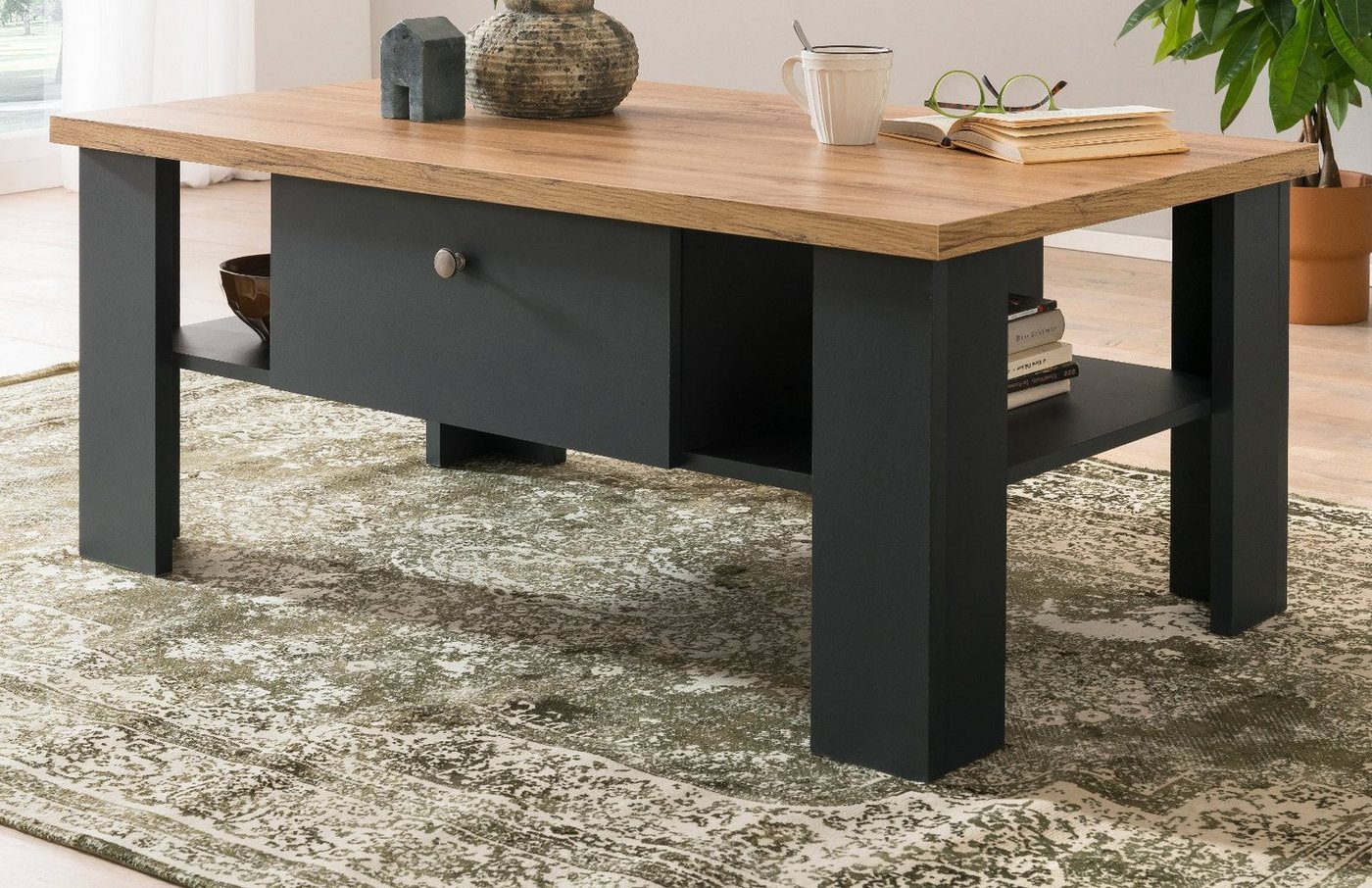 Furn.Design Couchtisch Ribera (Wohnzimmer Tisch in matt grau mit Wotan Eiche, 110 x 70 cm), 2 Schubladen mit Soft-Close von Furn.Design