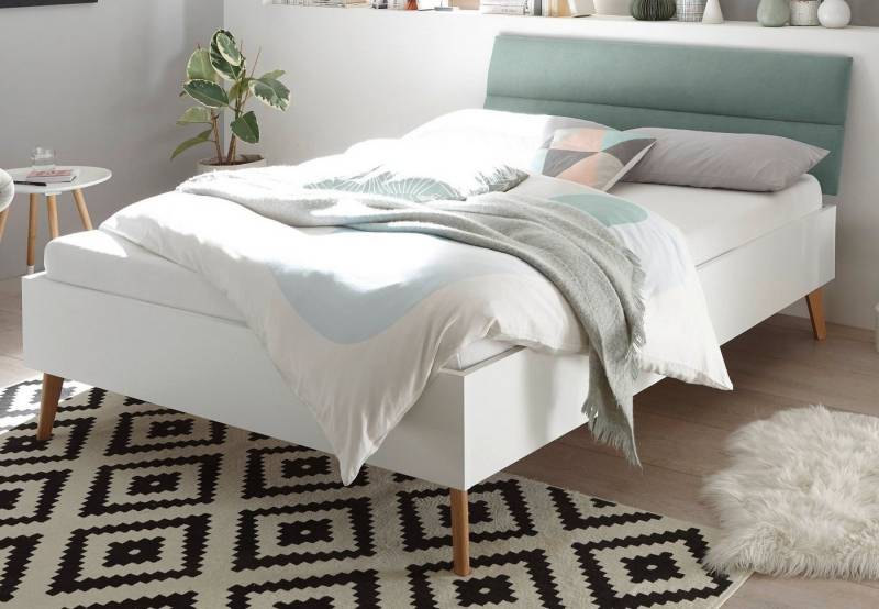 Furn.Design Einzelbett Helge (Bett in weiß mit Eiche, Polsterung in mint oder grau, Liegefläche 140 x 200 cm), skandinavisches Design von Furn.Design