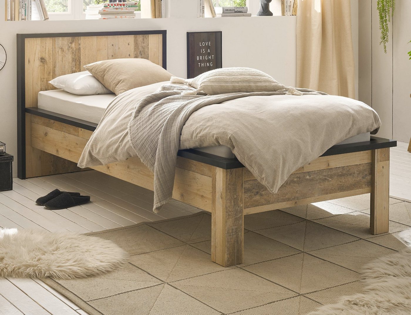 Furn.Design Einzelbett Stove (Bett in Used Wood Und Anthrazit, Liegefläche 90 x 200 cm), höhenverstellbar von Furn.Design