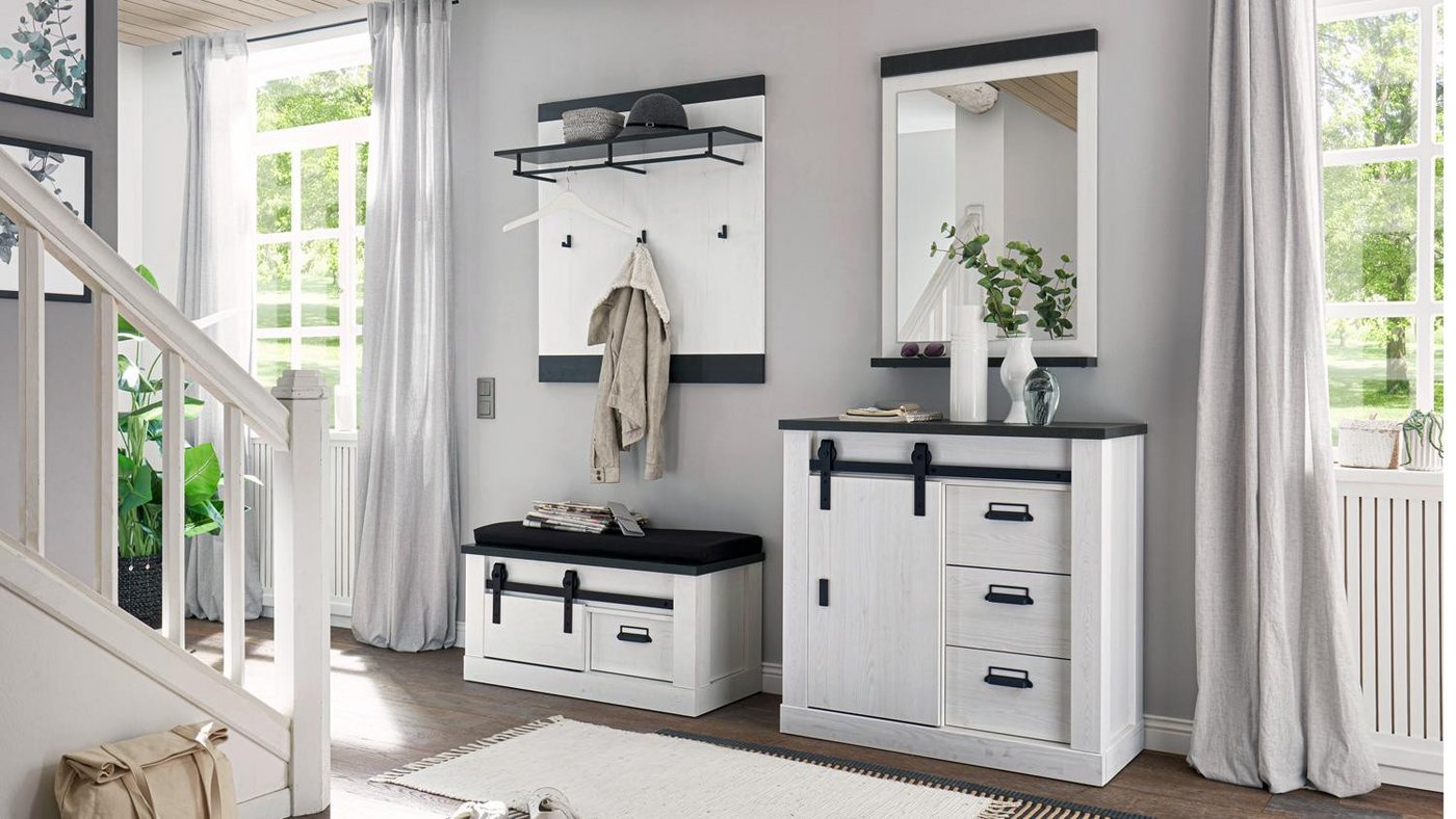 IMV Garderoben-Set Garderobe Sherwood G4 Pinie weiß anthrazit mit Sitzkissen, (4-St) von IMV