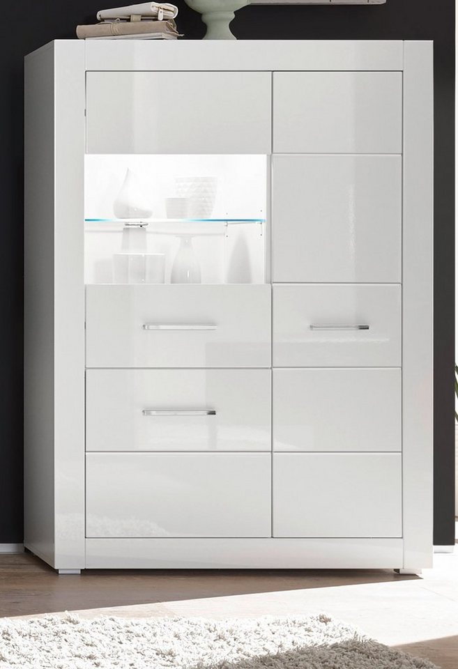Furn.Design Highboard Carrara (Vitrine in weiß 3-türig, 100 x 142 cm), Hochglanz von Furn.Design