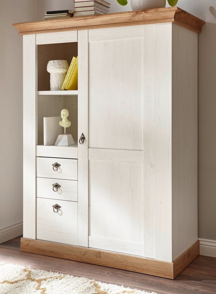 Furn.Design Highboard Hemsby (Kommode in Pinie weiß mit Wotan Eiche, 102 x 139 cm), Landhausstil von Furn.Design