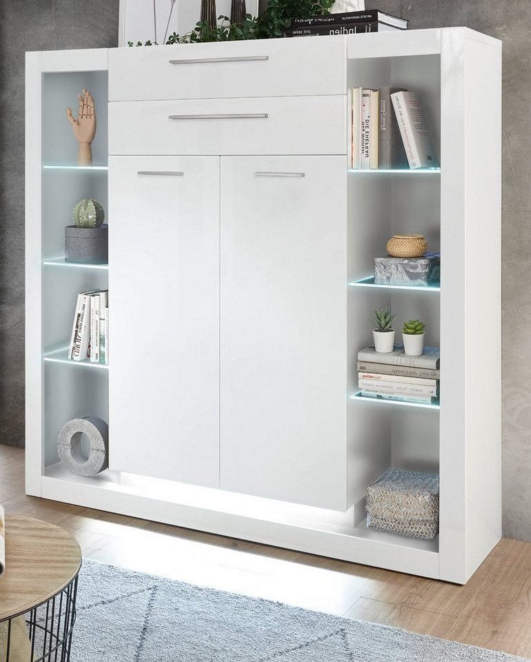 Furn.Design Highboard Ladis (Schrank in weiß mit Türen und Schubladen, 141 x 139 cm), Hochglanz von Furn.Design